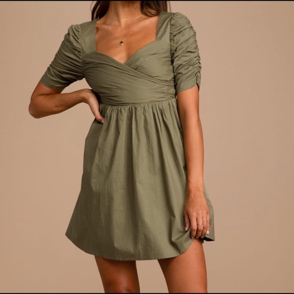 NWT Lulus Ready for My Love Olive Green Ruched Short Sleeve Mini Dress Size M